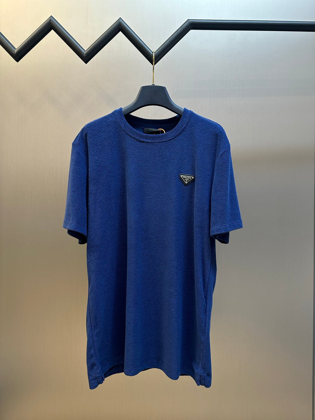 Blue short-sleeve T-shirt with Prada triangle chest logo patch