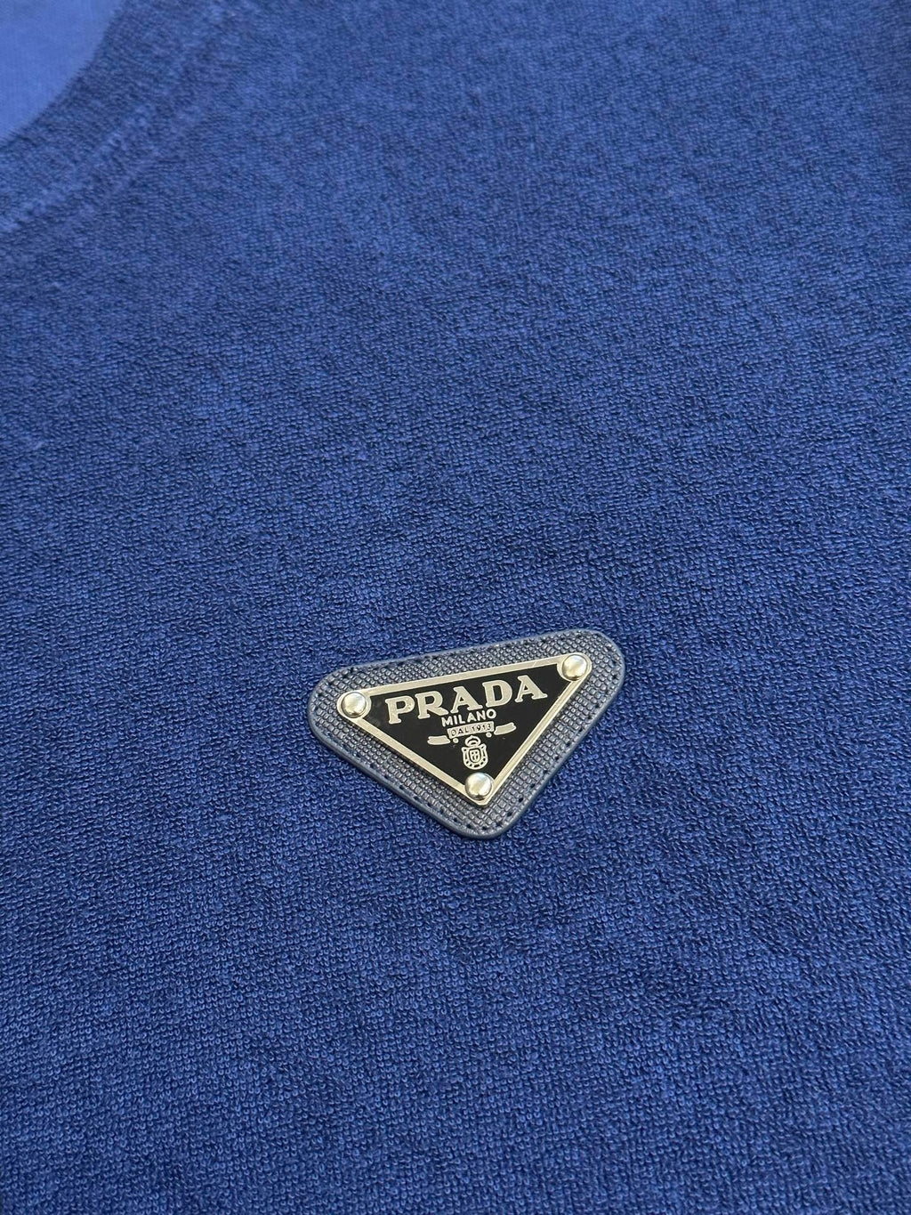 Prada triangle logo patch on blue short-sleeve T-shirt