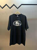 Black crew-neck T-shirt with short sleeves and Burberry logo graphic on chest