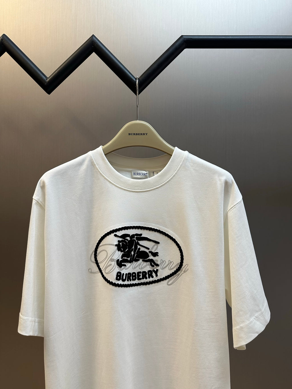 White Burberry graphic T-shirt, crew neck, short sleeves, large oval logo front