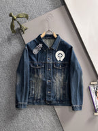 Blue long denim jacket with pearl button patches and decorative lapel emblems