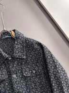 Patterned long-sleeve jacket shoulder and chest detail with button front