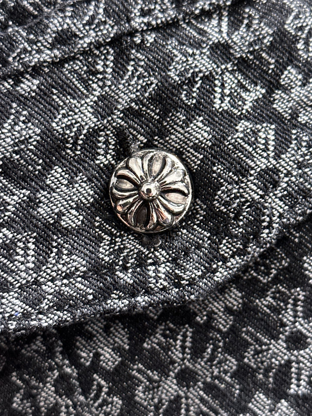 Close-up of jacket button on textured patterned fabric