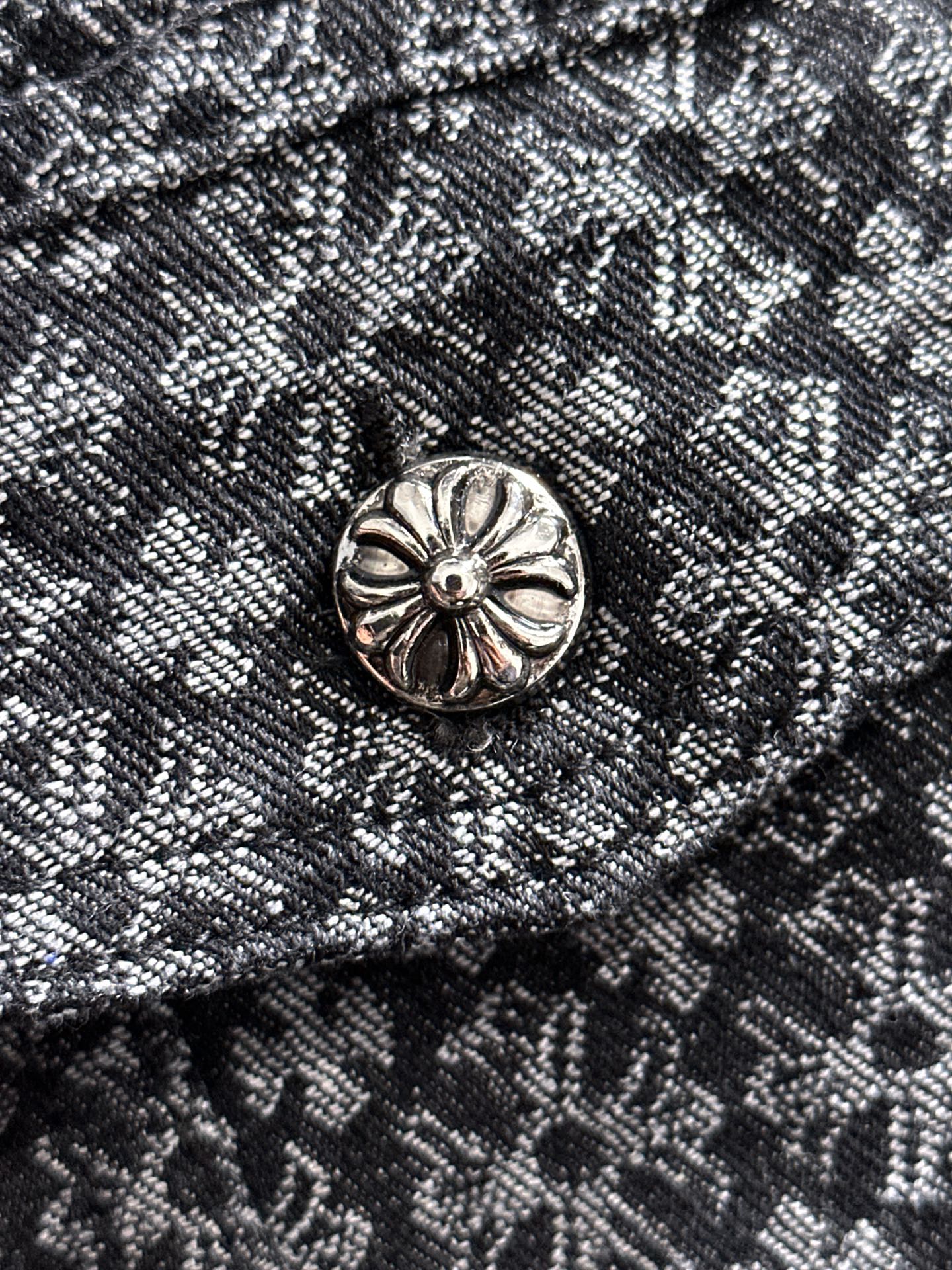 Close-up of jacket button on textured patterned fabric