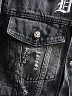 Dark denim jacket front yoke with button and embroidered decorative appliques