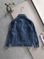 Blue long-sleeve patterned denim jacket with stand collar and button front, back view