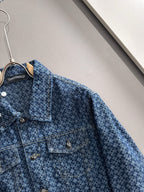 Blue patterned denim jacket close-up of button placket and folded collar