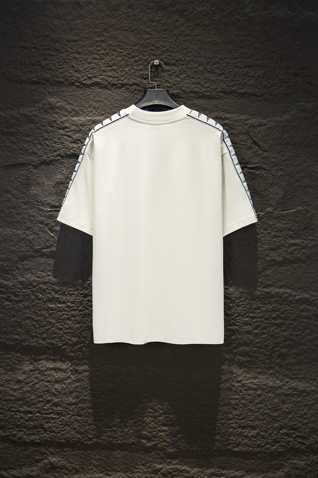 Balenciaga short-sleeve T-shirt, white back view with stripe accents on sleeves