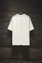 Balenciaga short-sleeve T-shirt, white back view with stripe accents on sleeves