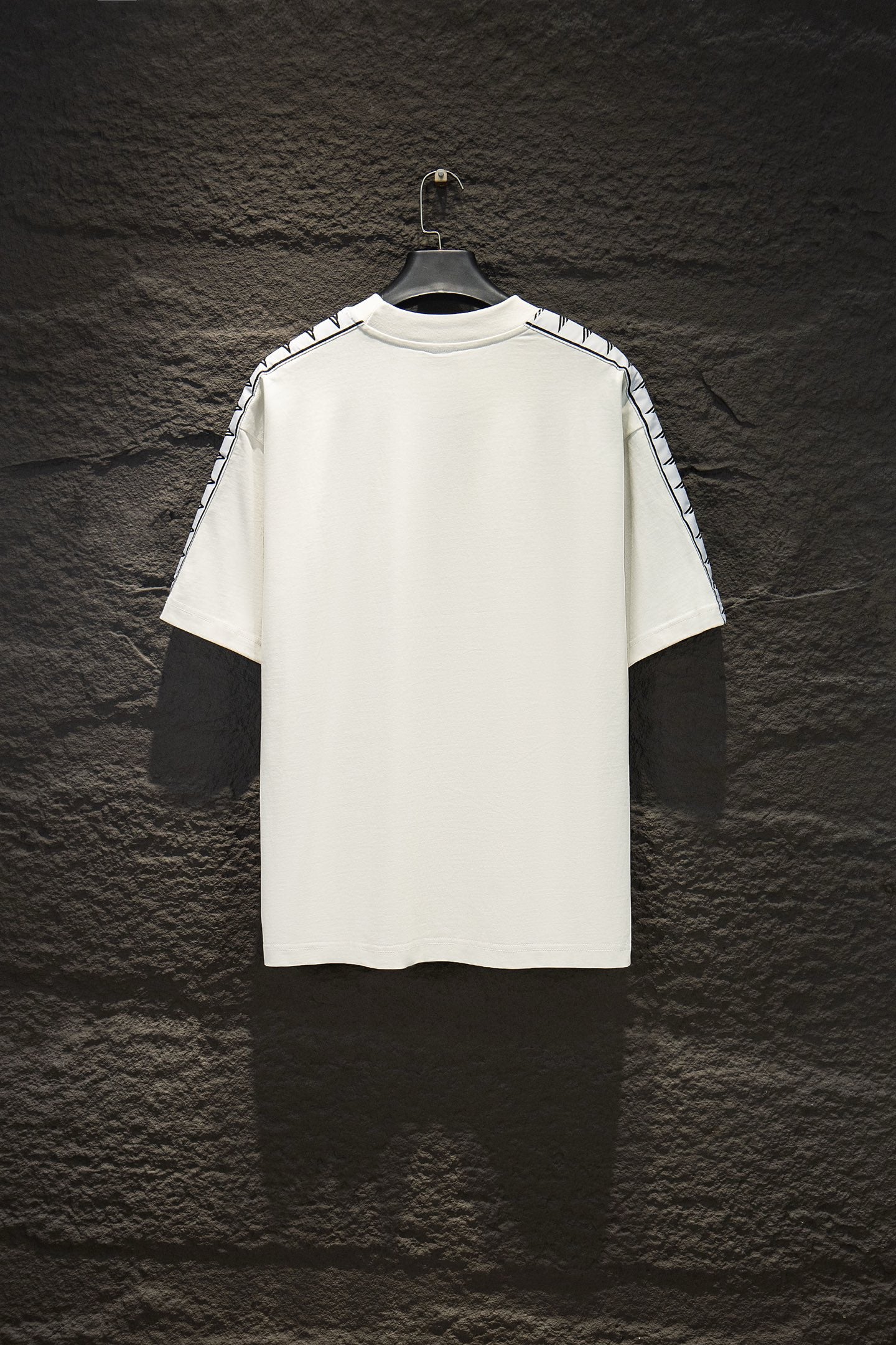 Balenciaga short-sleeve T-shirt, white back view with stripe accents on sleeves
