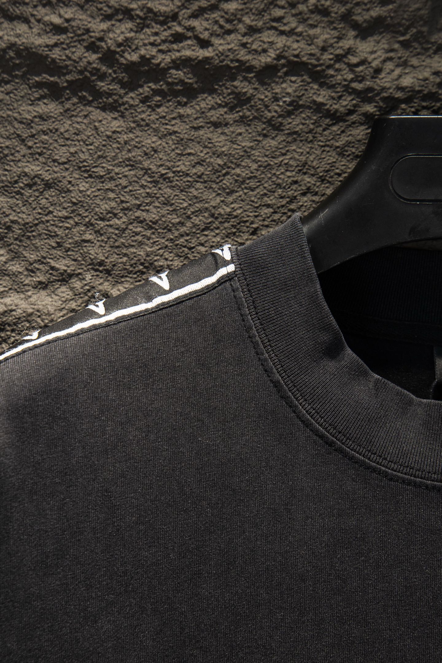 Balenciaga black crew-neck T-shirt with white logo tape on shoulder seam