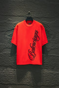 Balenciaga crew-neck T-shirt in bright red with black script logo graphic on front