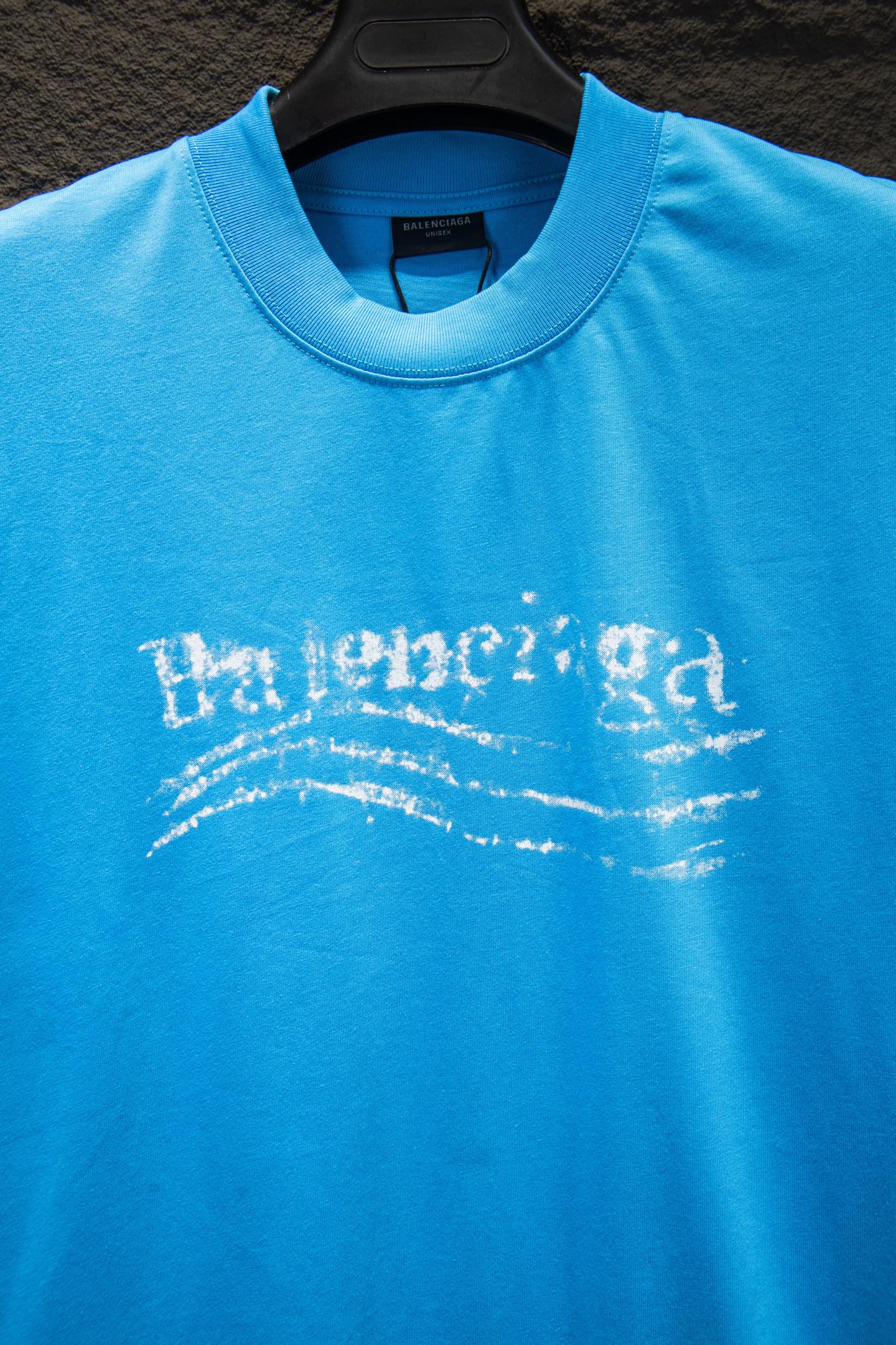 Balenciaga short-sleeve T-shirt, light blue, distressed front graphic text