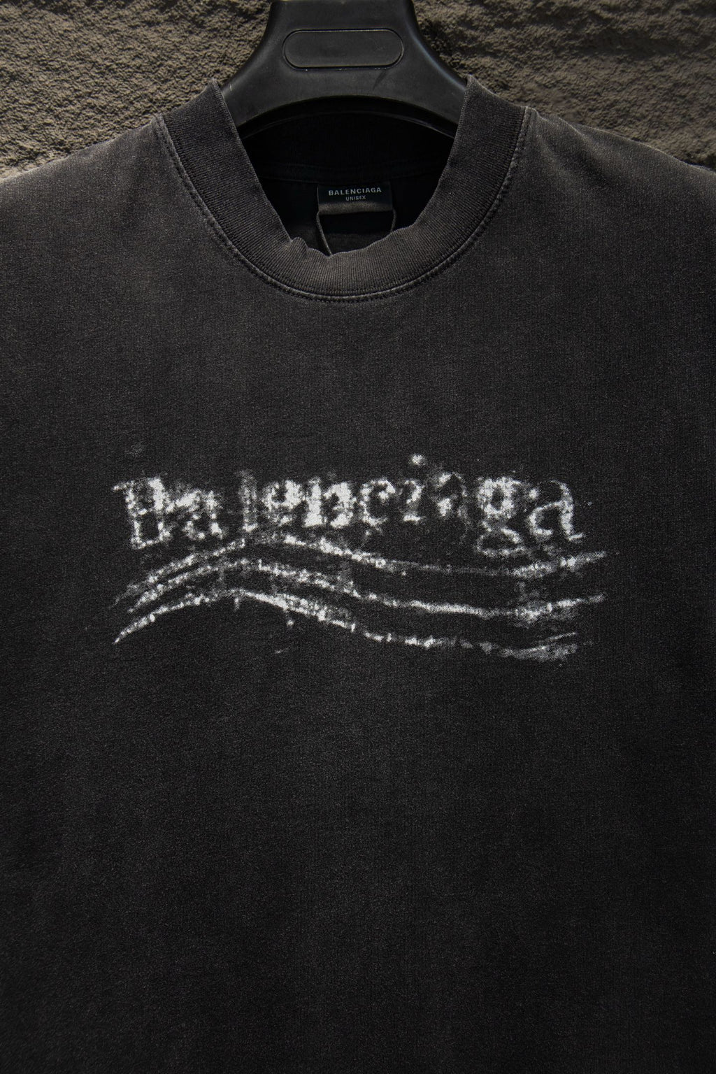 Black Balenciaga T-shirt with white distressed logo on chest
