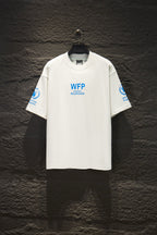 White Balenciaga T-shirt with blue WFP supported by Balenciaga logo on front