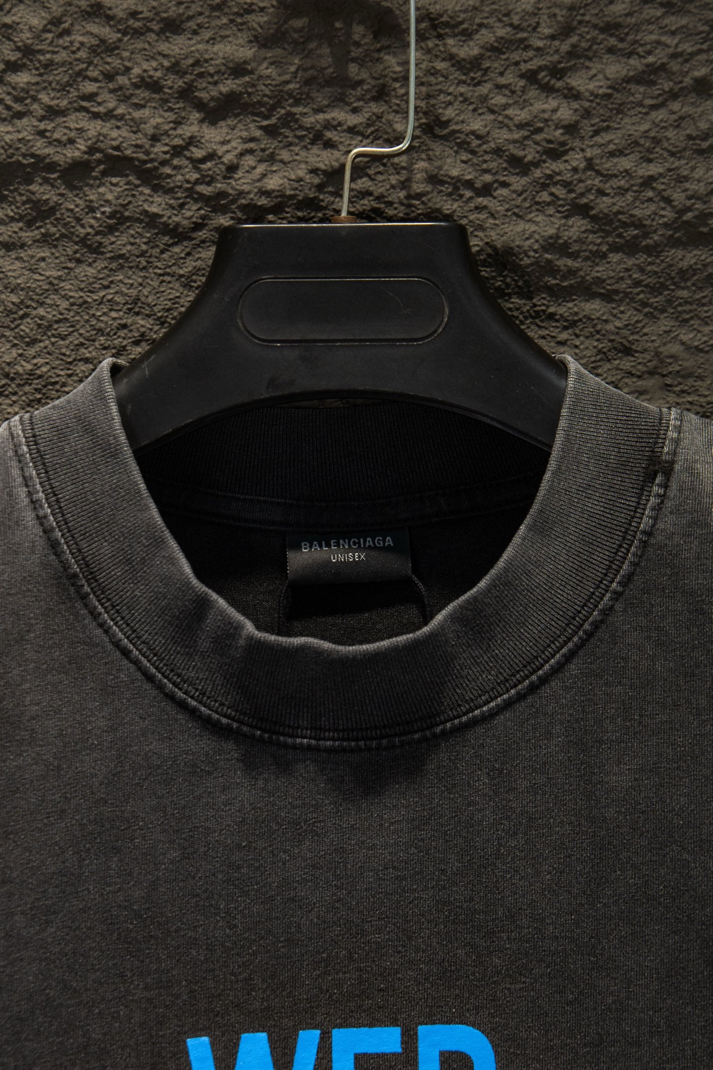 Gray T-shirt collar with interior neck label and soft ribbed trim