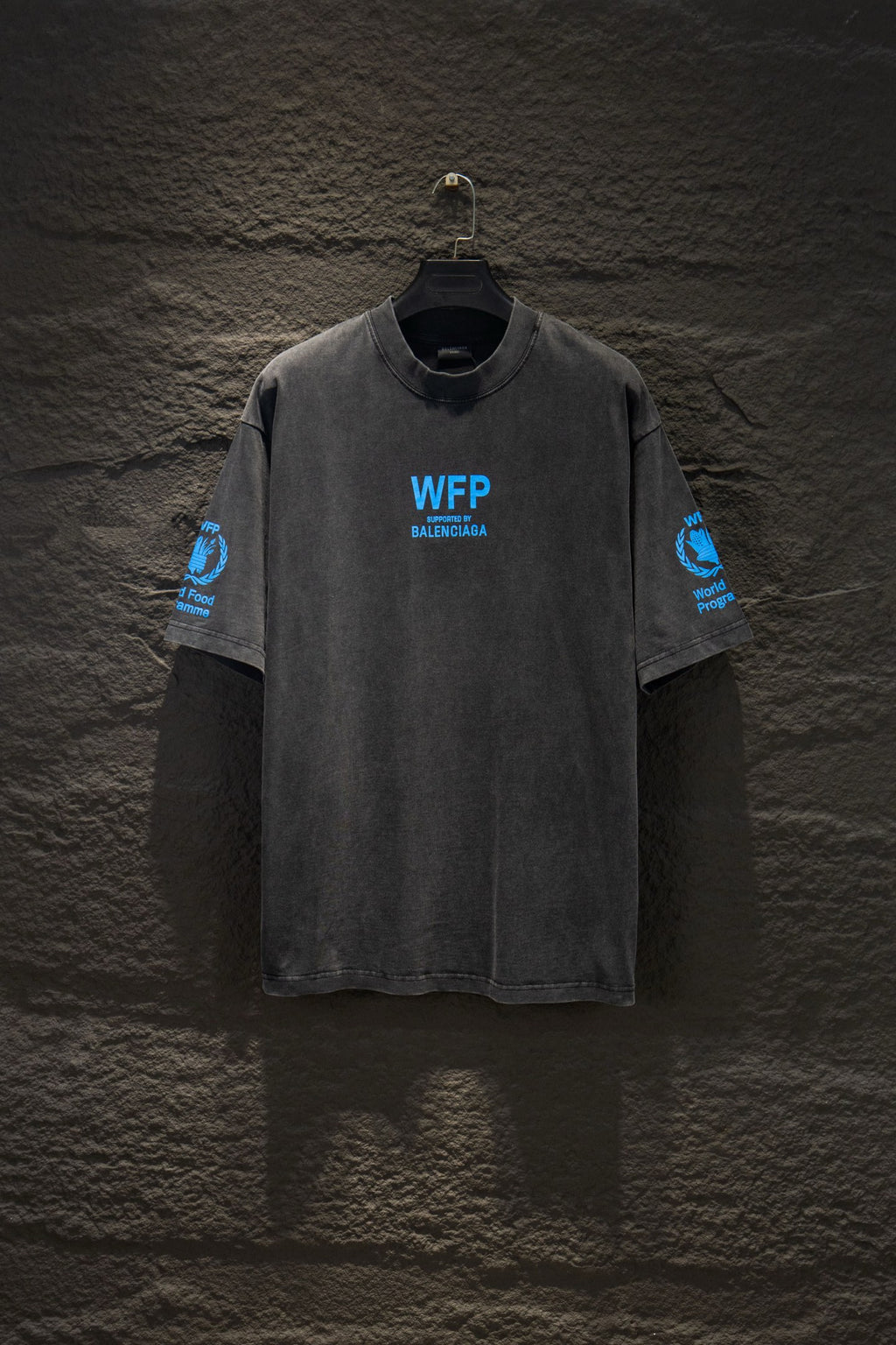 Gray short-sleeve T-shirt with blue WFP logo on chest and sleeves
