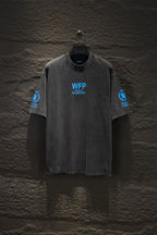 Gray short-sleeve T-shirt with blue WFP logo on chest and sleeves