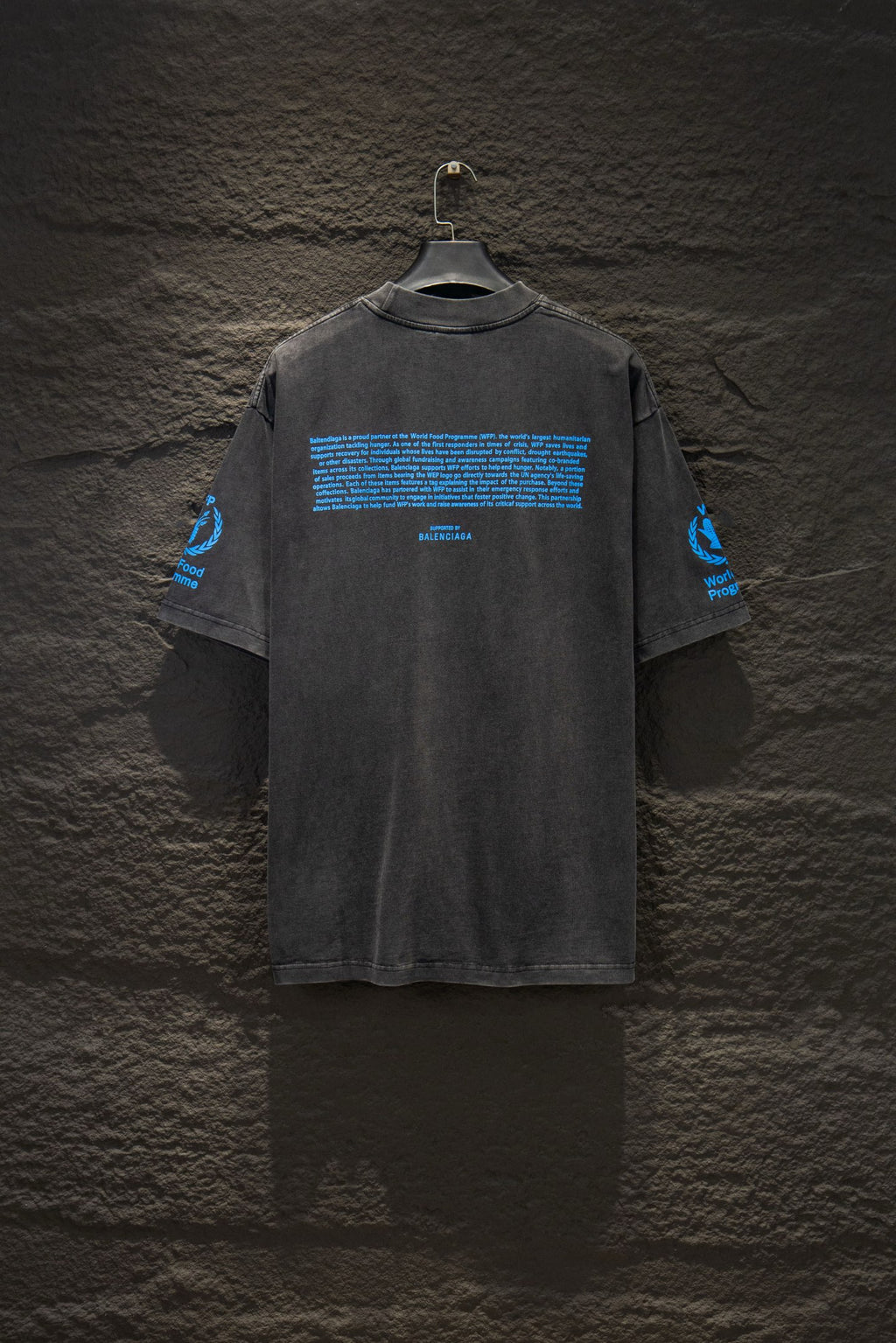 Gray short-sleeve T-shirt with blue back graphic and text