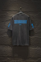 Gray short-sleeve T-shirt with blue back graphic and text