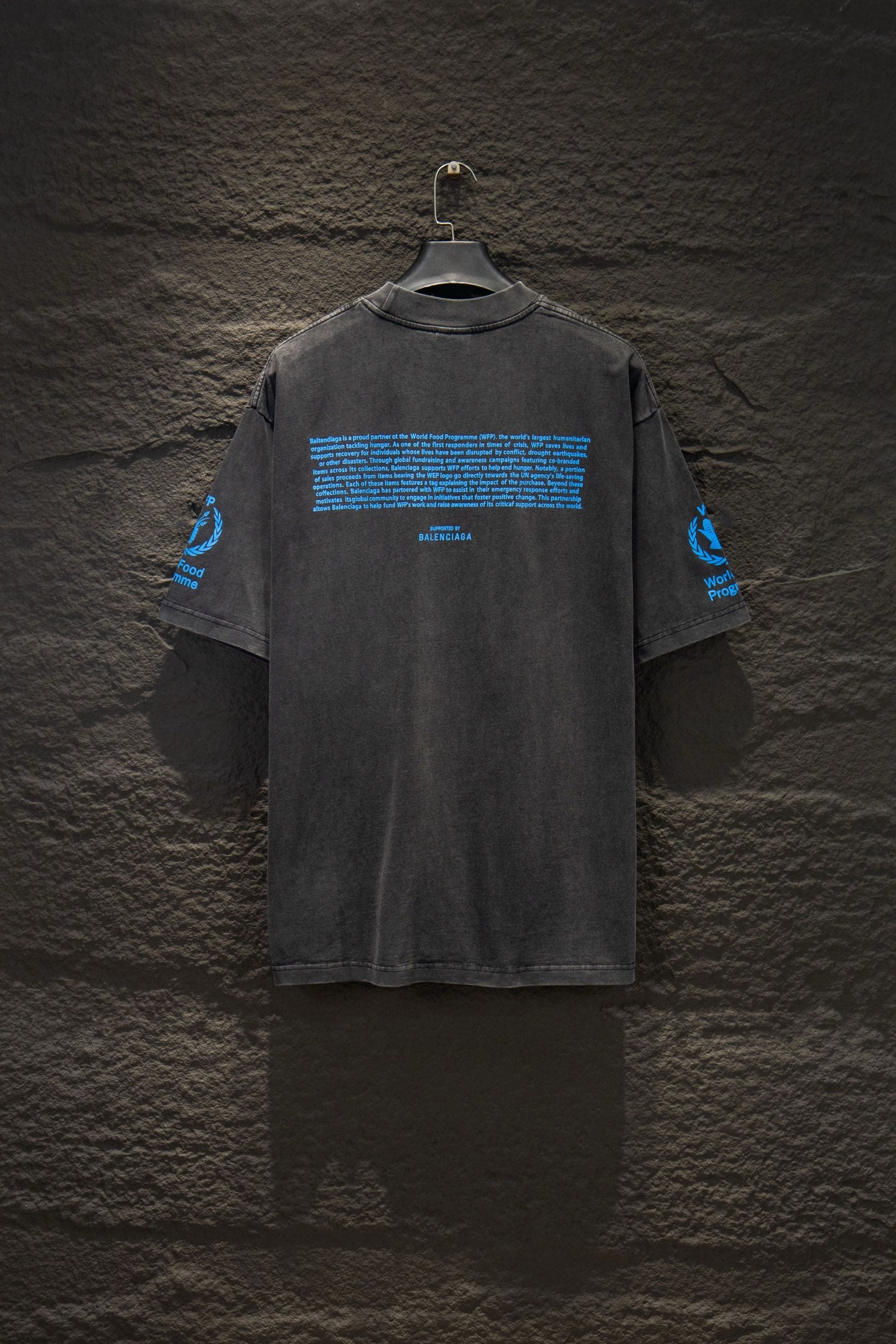 Gray short-sleeve T-shirt with blue back graphic and text