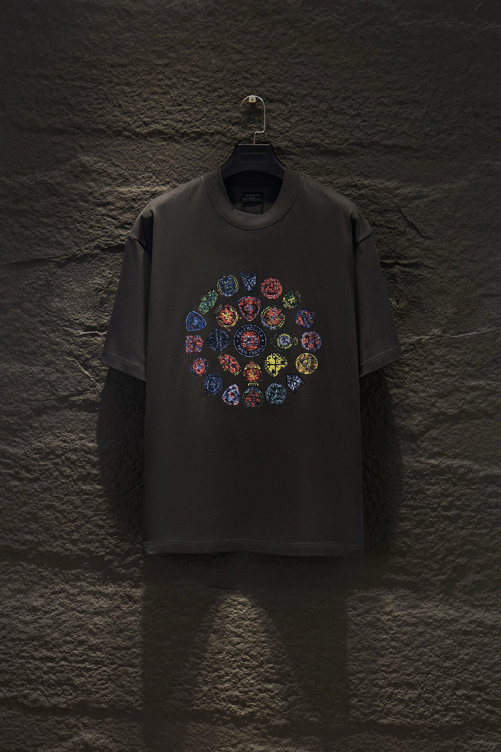 Balenciaga short-sleeve T-shirt in dark gray with colorful circular logo graphic