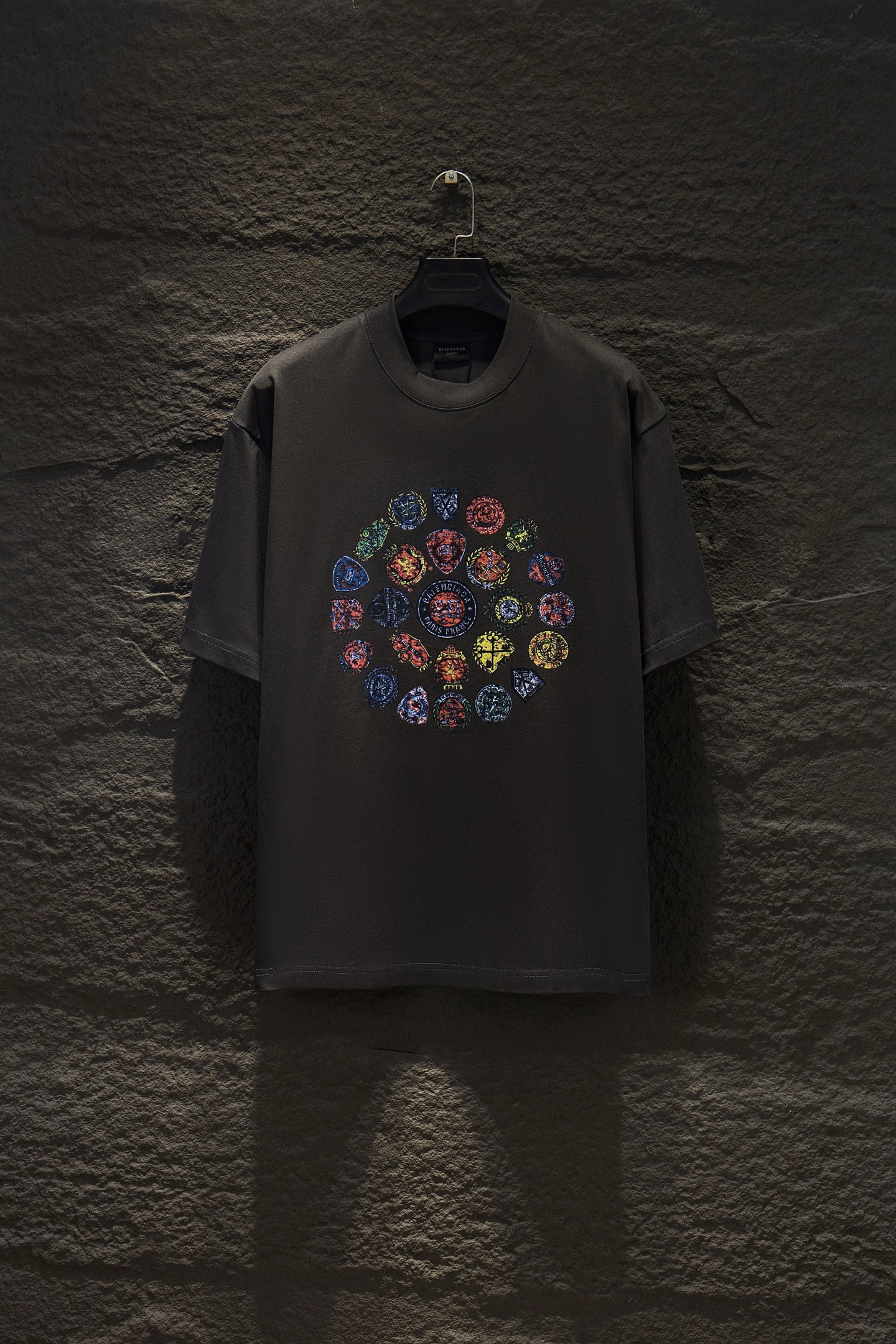 Balenciaga short-sleeve T-shirt in dark gray with colorful circular logo graphic