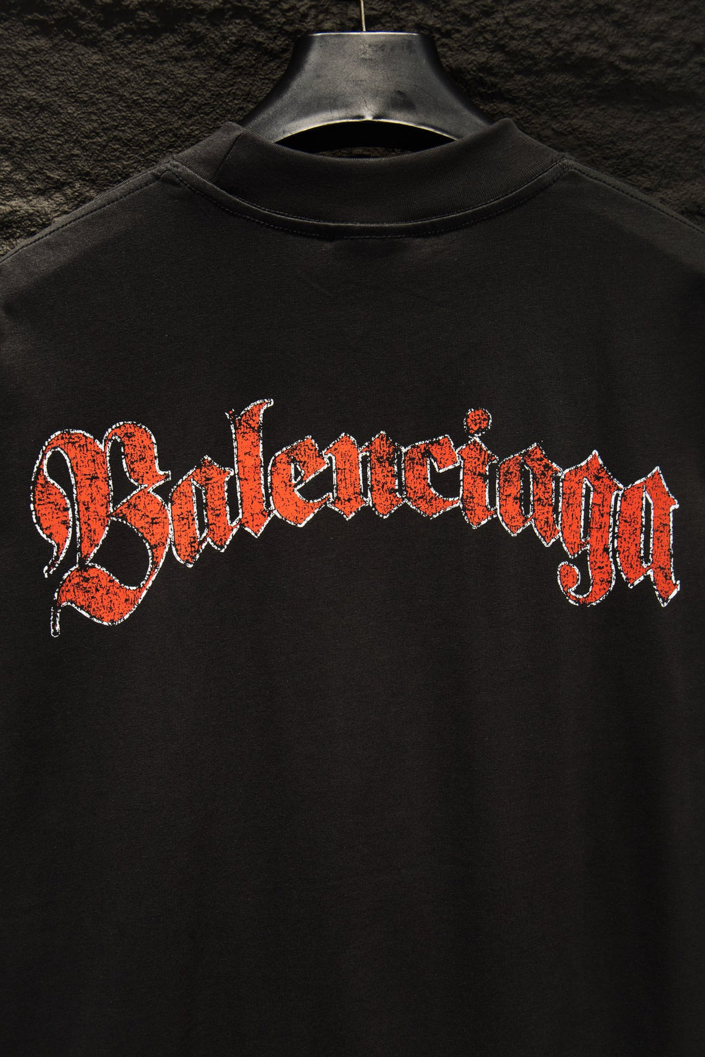 Balenciaga short-sleeve T-shirt front with large red Balenciaga logo lettering
