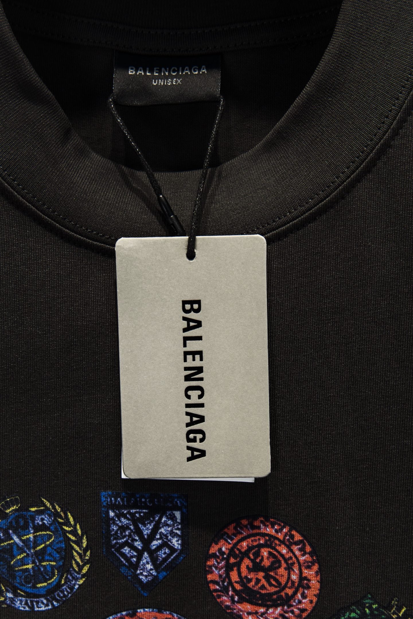 Balenciaga short-sleeve T-shirt with neck tag and multicolor emblem print edge