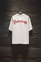 White Balenciaga T-shirt with red Balenciaga logo on back