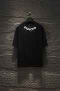 Black short-sleeve T-shirt with BALENCIAGA chest logo.