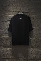 Black short-sleeve T-shirt with small chest logo on back.