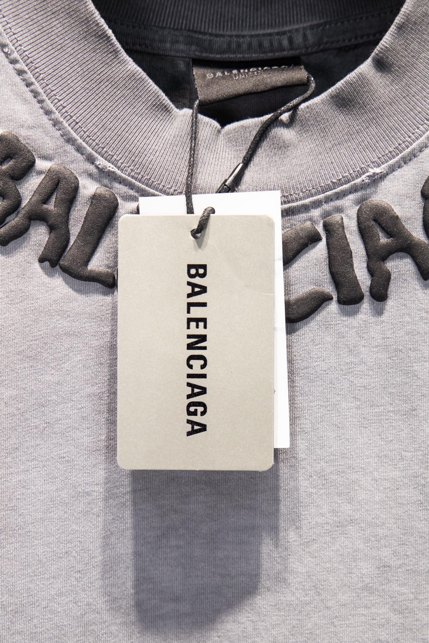 Balenciaga short-sleeve T-shirt, light gray, crew neck with hang tag and logo