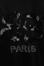 Black short-sleeve T-shirt with PARIS text and abstract back graphic.