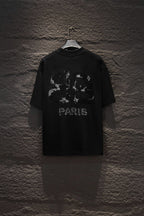 Black short-sleeve T-shirt with large PARIS back graphic.