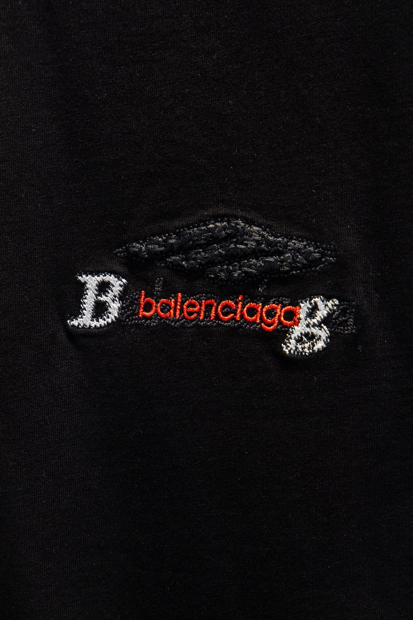 Balenciaga black T-shirt chest logo embroidery with white and red text