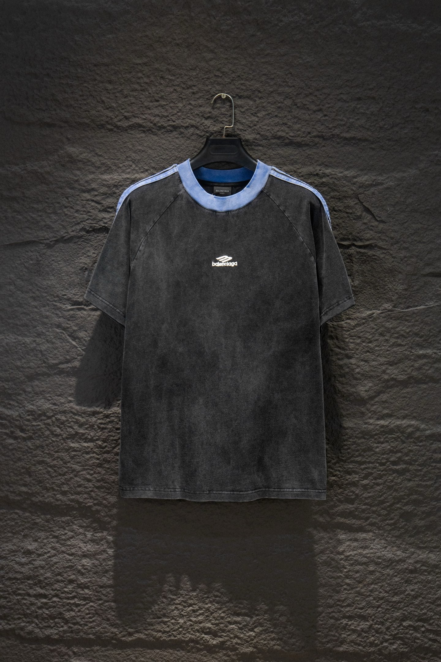 Balenciaga short-sleeve T-shirt with light blue crew neck trim and small chest logo