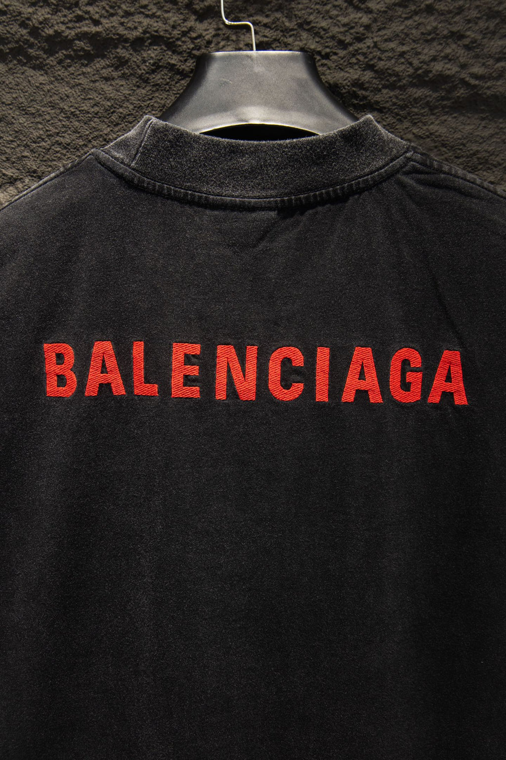 Balenciaga T-shirt, dark gray, large red BALENCIAGA logo across chest