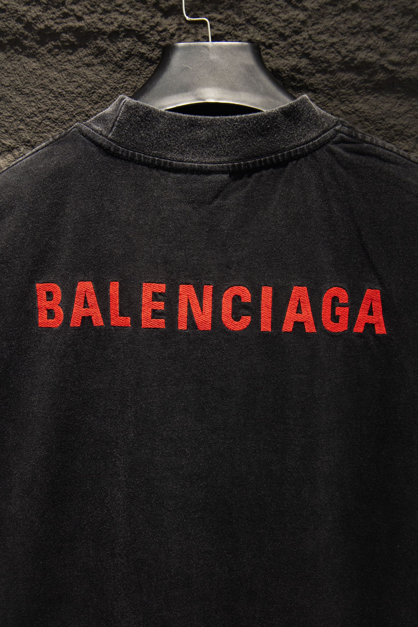 Balenciaga T-shirt, dark gray, large red BALENCIAGA logo across chest