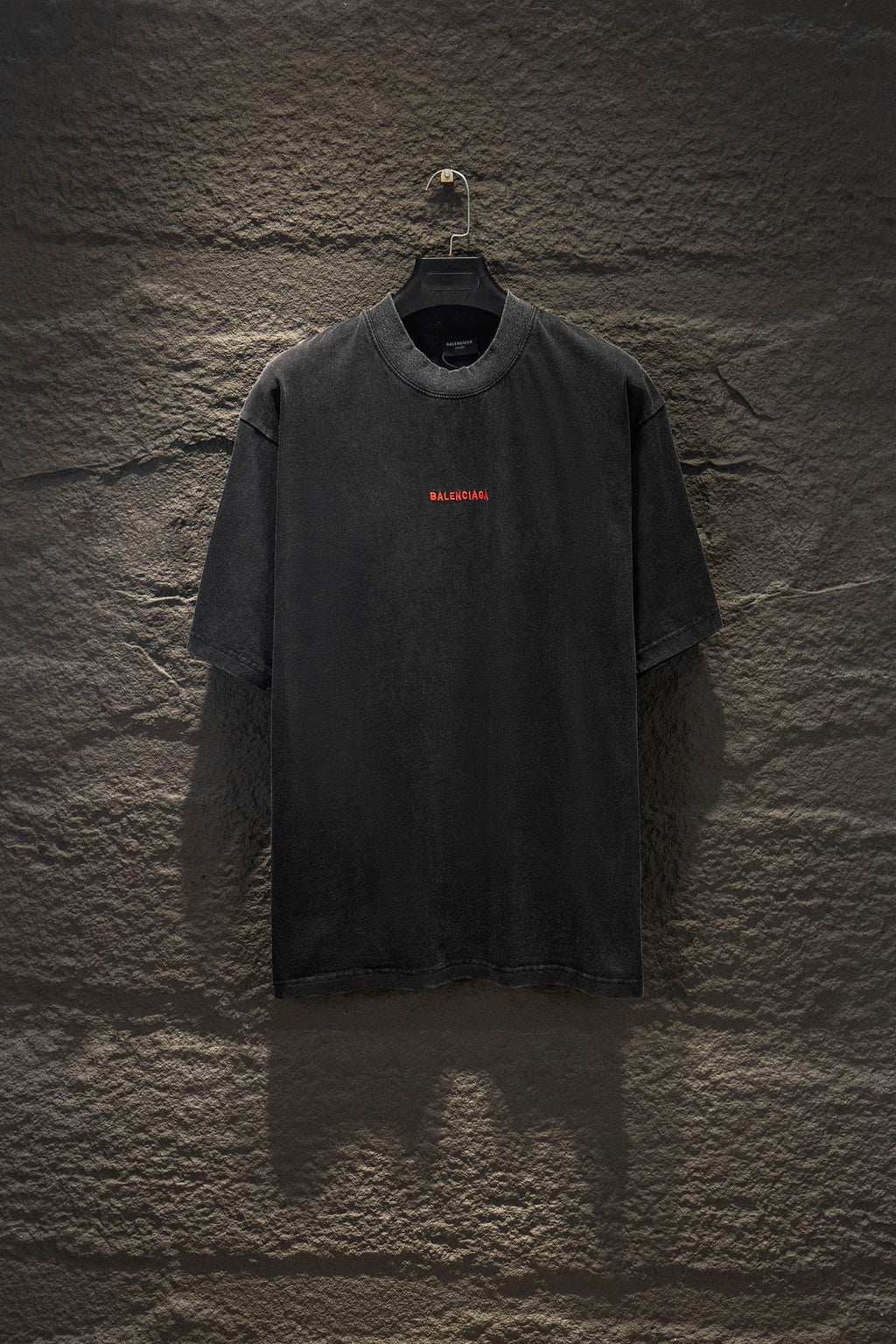 Balenciaga short-sleeve T-shirt, dark gray, small red logo on chest