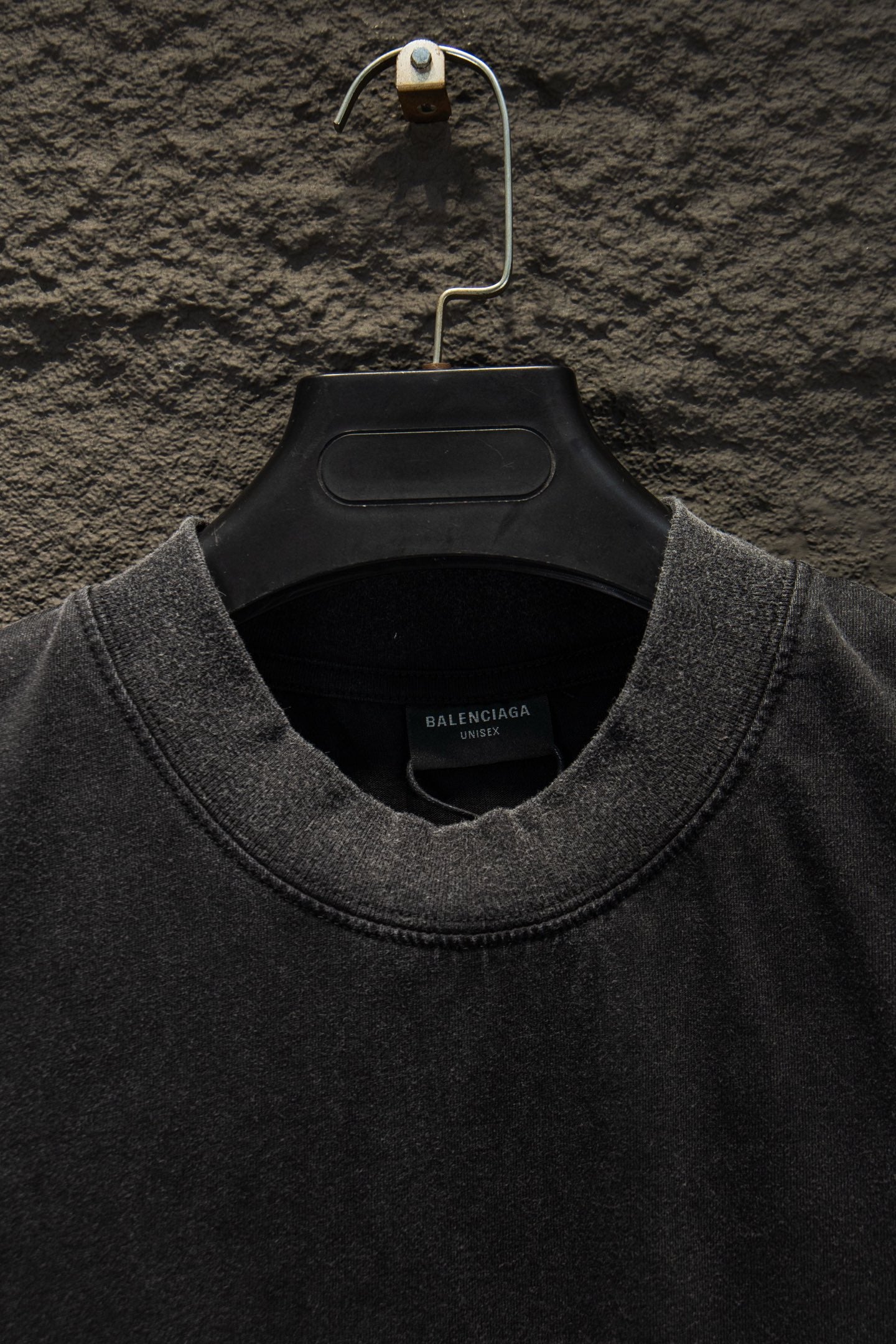 Balenciaga crewneck T-shirt collar, dark gray fabric, neck label visible