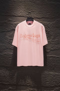 Pink short-sleeve crewneck T-shirt with Balenciaga rhinestone logo on chest