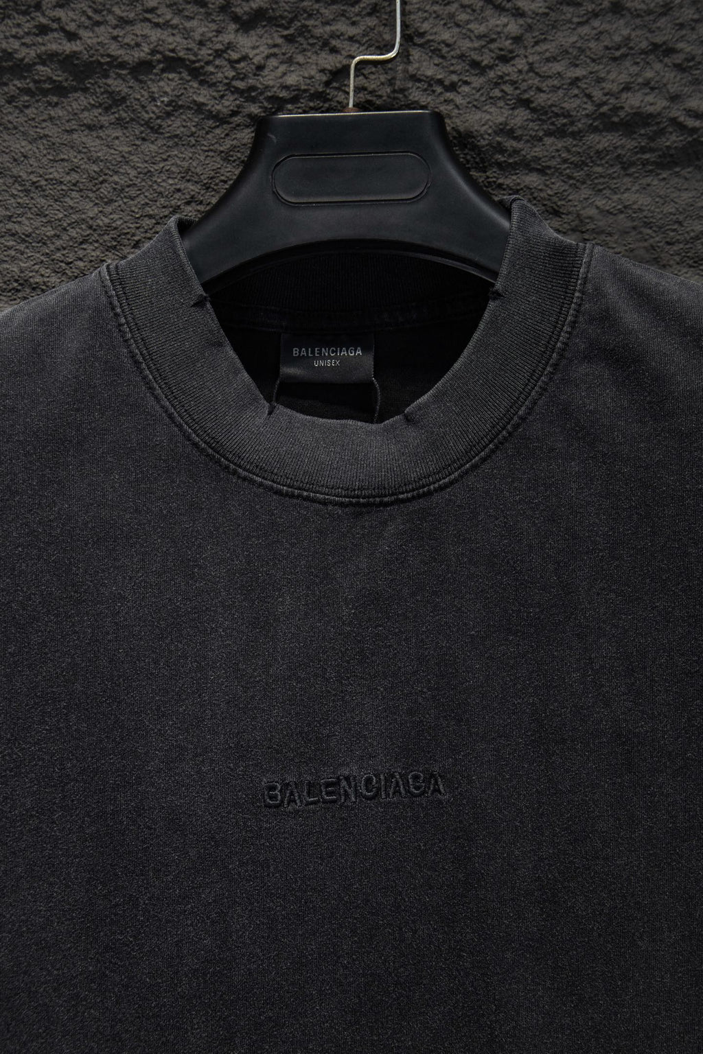Balenciaga T-shirt neckline and logo detail, dark gray crew neck
