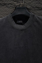 Balenciaga T-shirt neckline and logo detail, dark gray crew neck