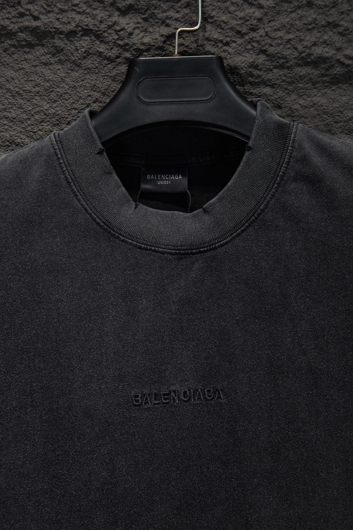 Balenciaga T-shirt neckline and logo detail, dark gray crew neck