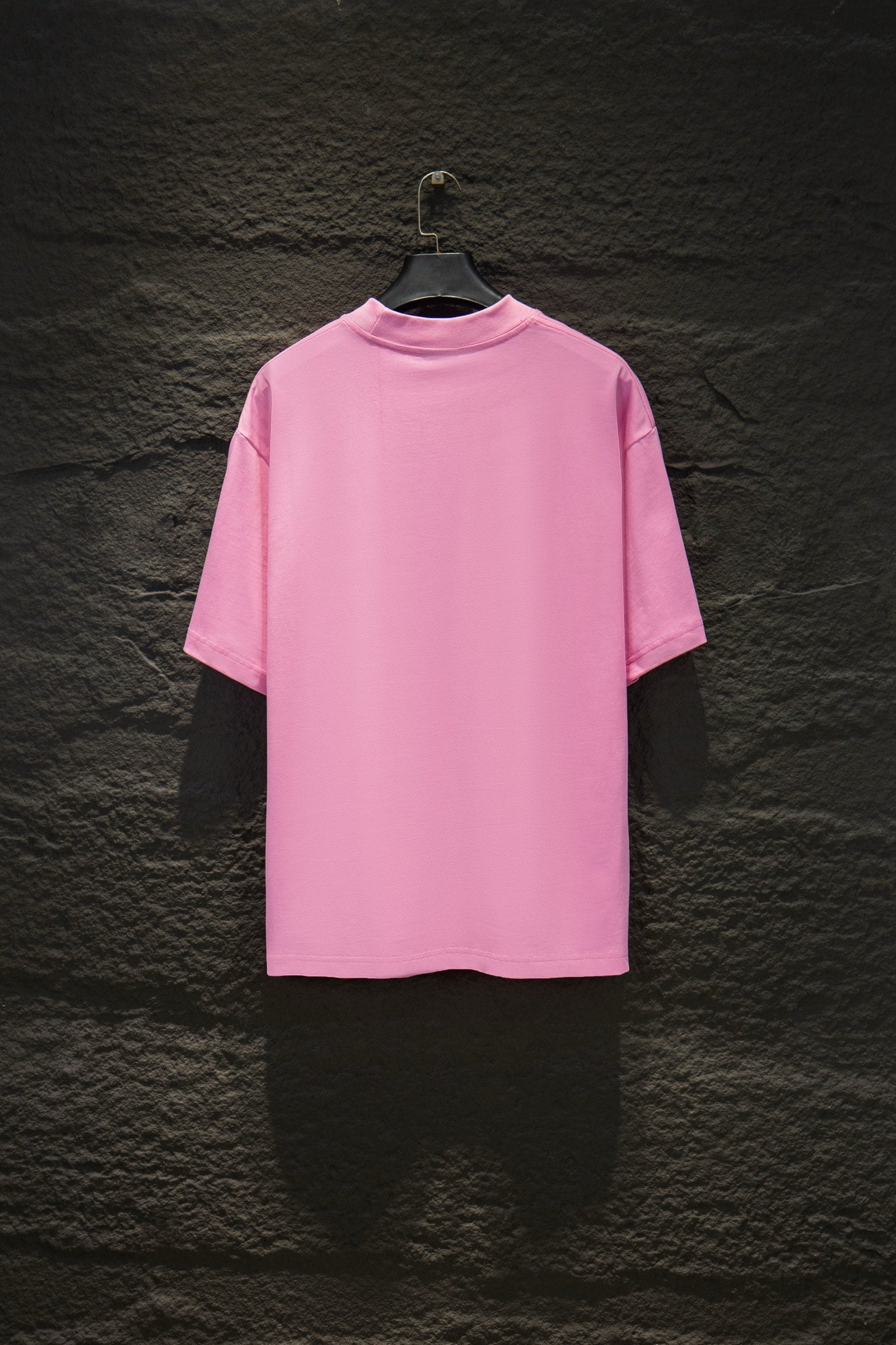 Balenciaga pink T-shirt front view, crew neck, short sleeves
