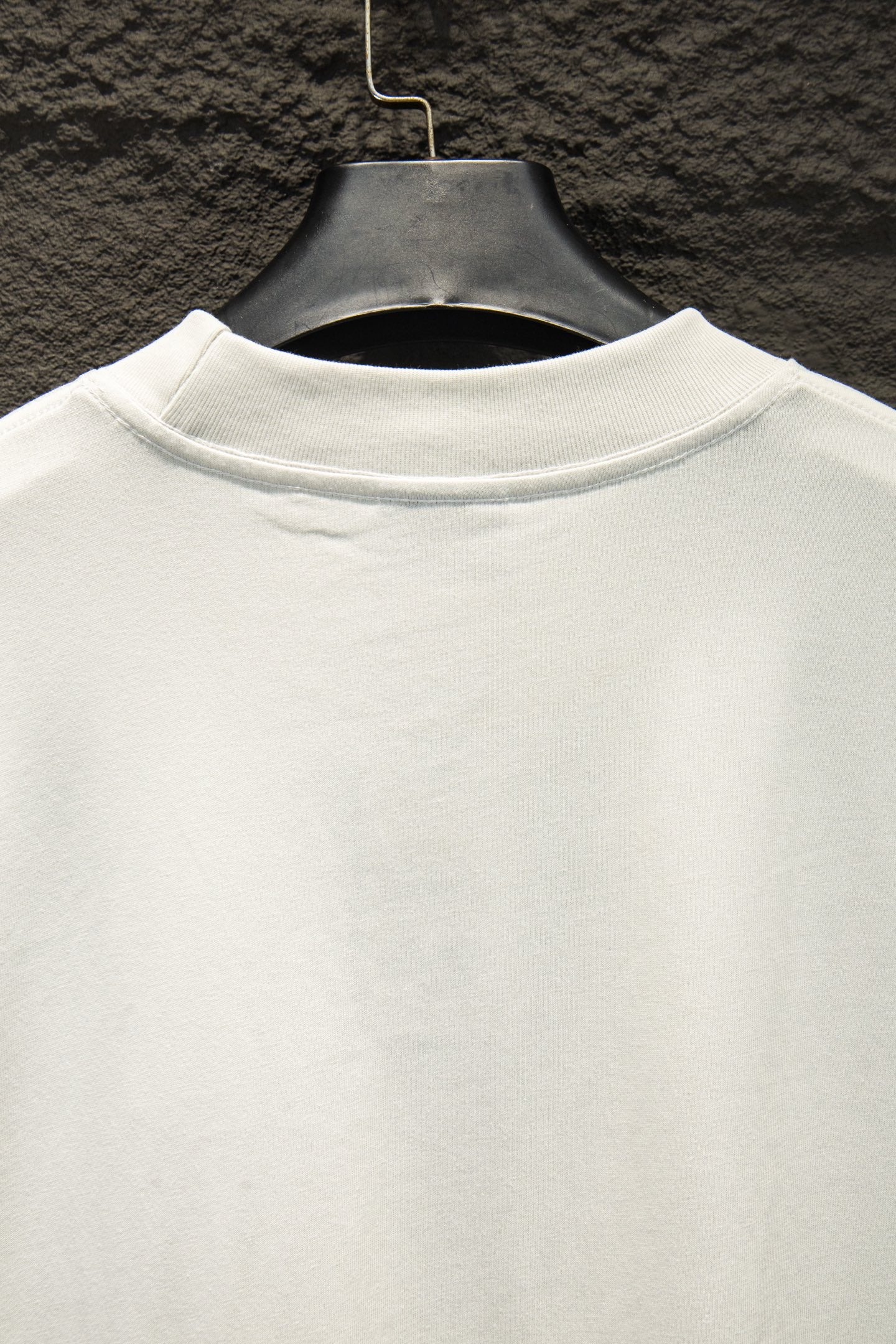 White crew-neck T-shirt back view with ribbed collar
