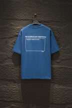 Blue short-sleeve T-shirt with back graphic text inside a rectangle