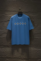 Blue short-sleeve T-shirt with five star graphics across the chest