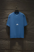 Blue short-sleeve T-shirt with small white chest logo print